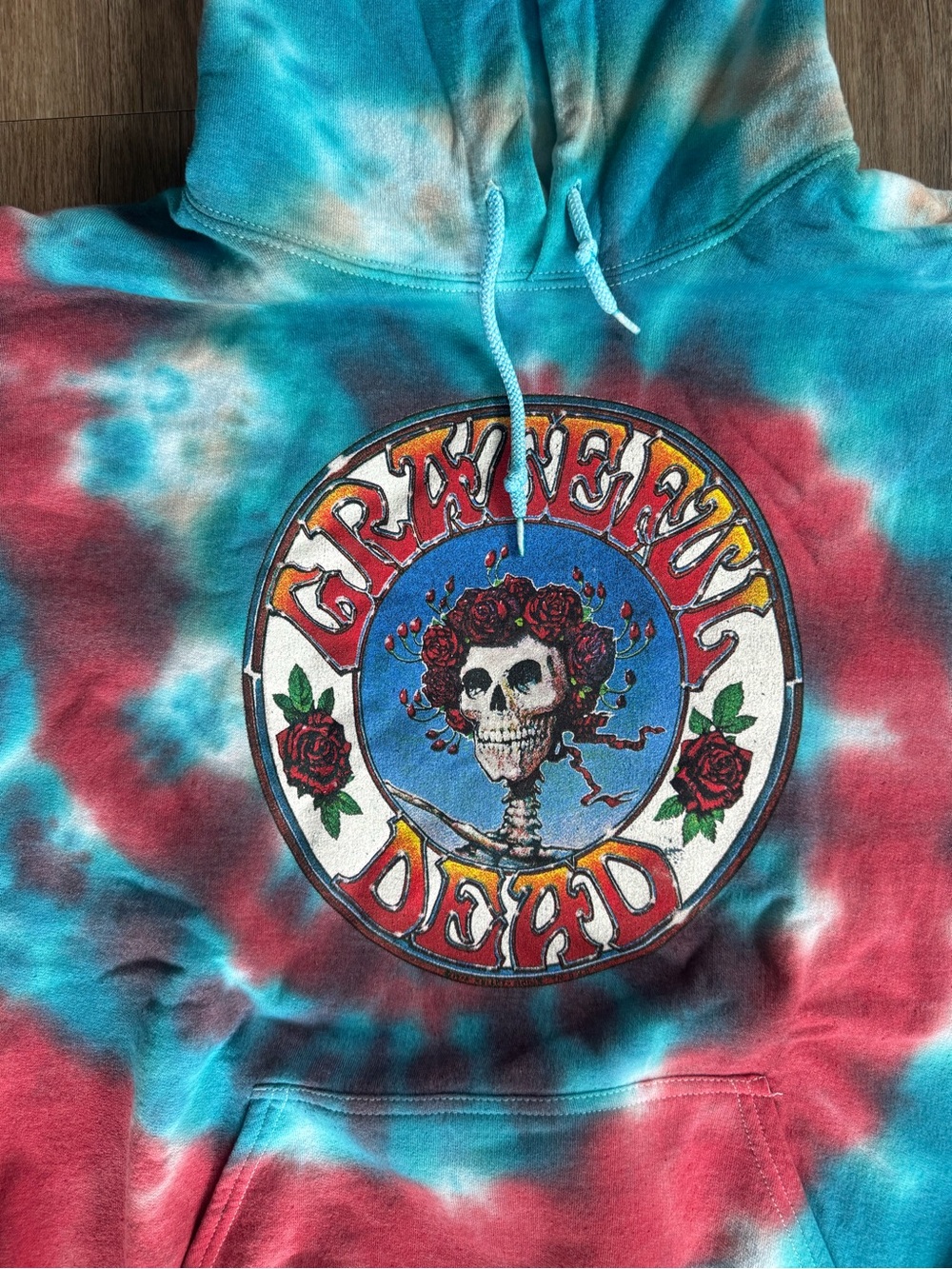 Grateful Dead Teal and Aqua Tie-Dye Hoodie with Skull Logo - Picture 2 of 4